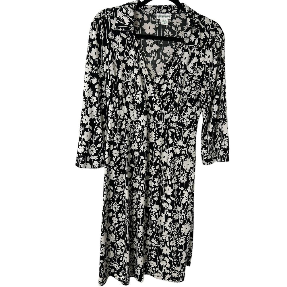 Motherhood Maternity Black White Floral Midi Wrap Dress Size Large Jersey